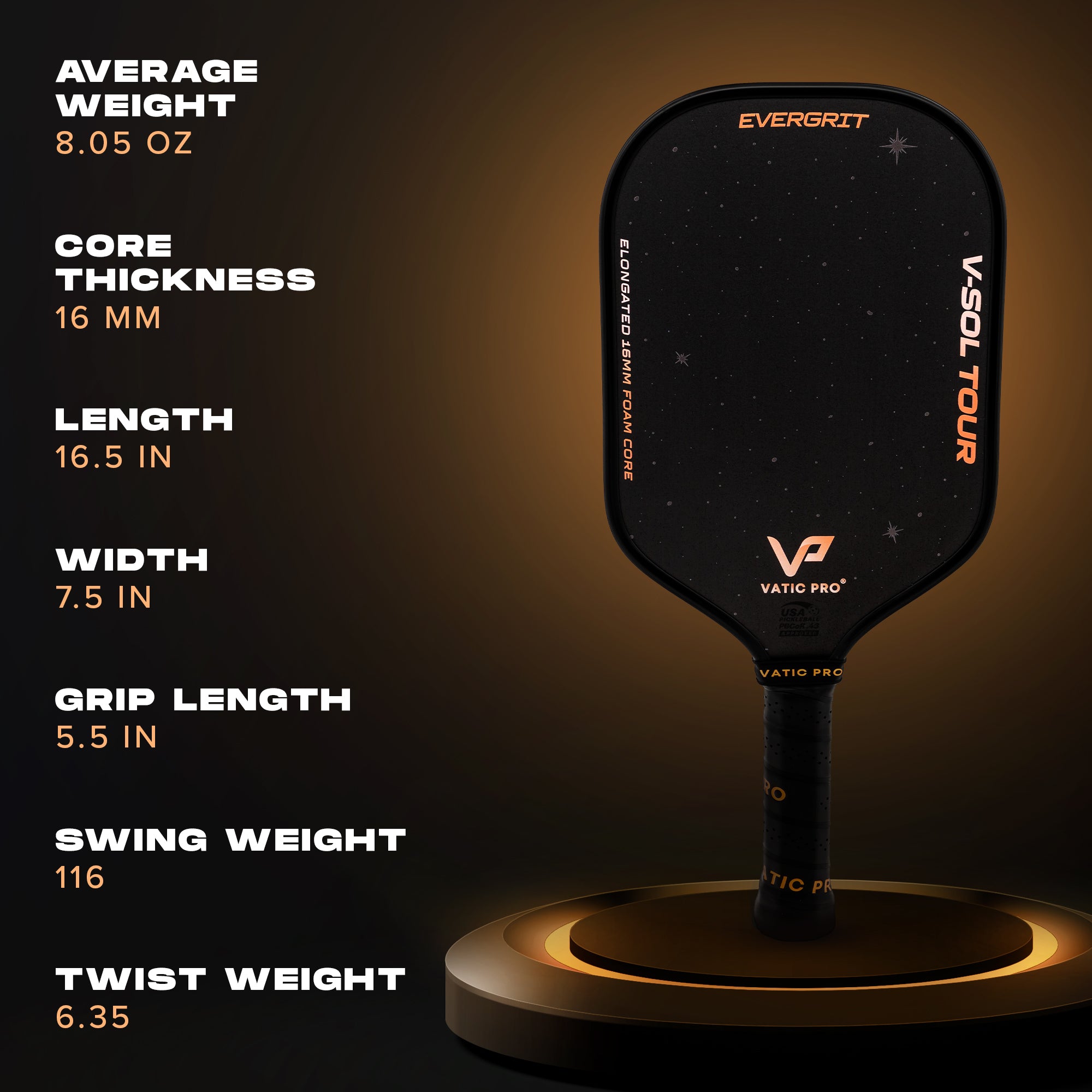 Vatic Pro V-Sol Tour Elongated 16mm pickleball paddle