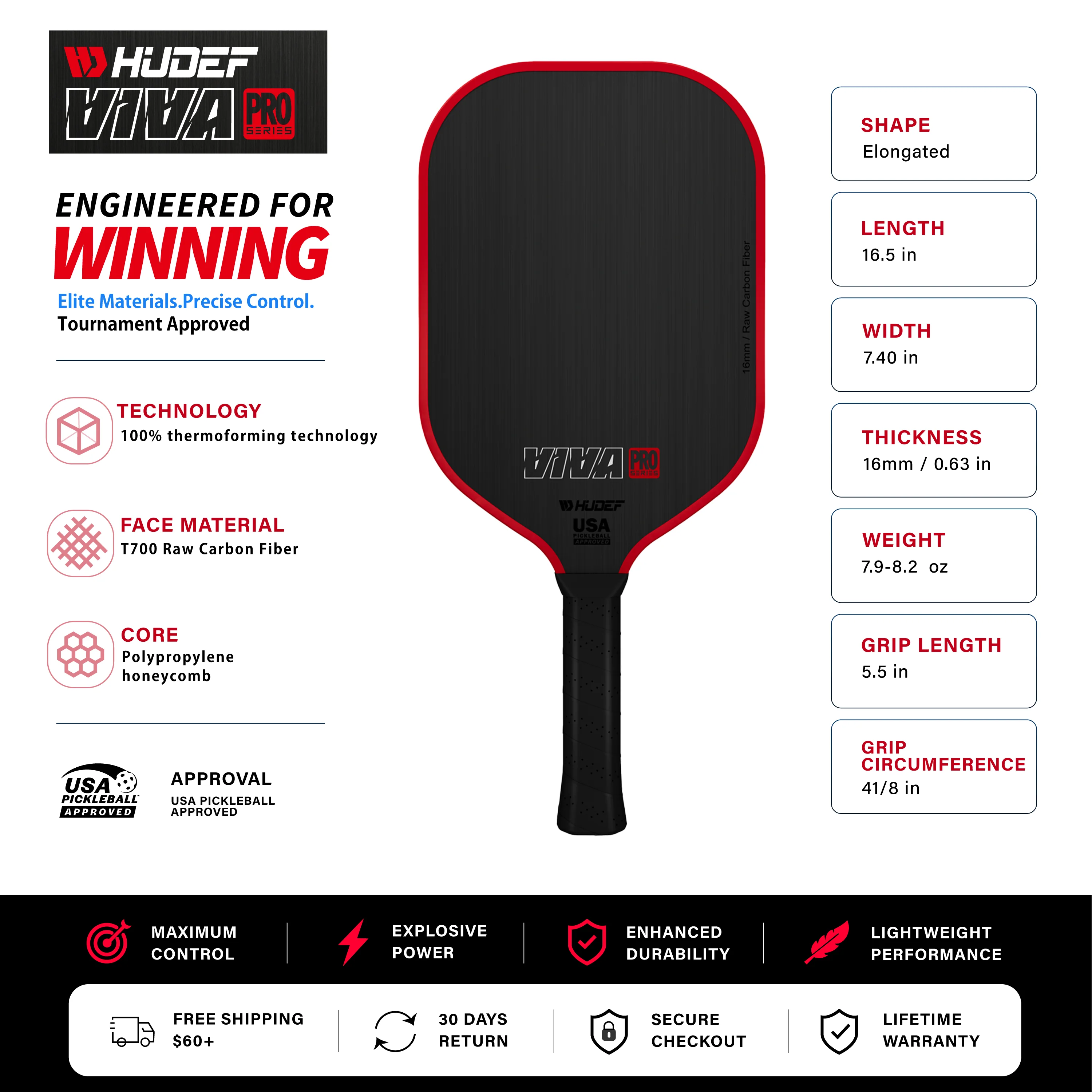 Raquete de pickleball Hudef Viva Pro Elongated Gen 1, foto 2