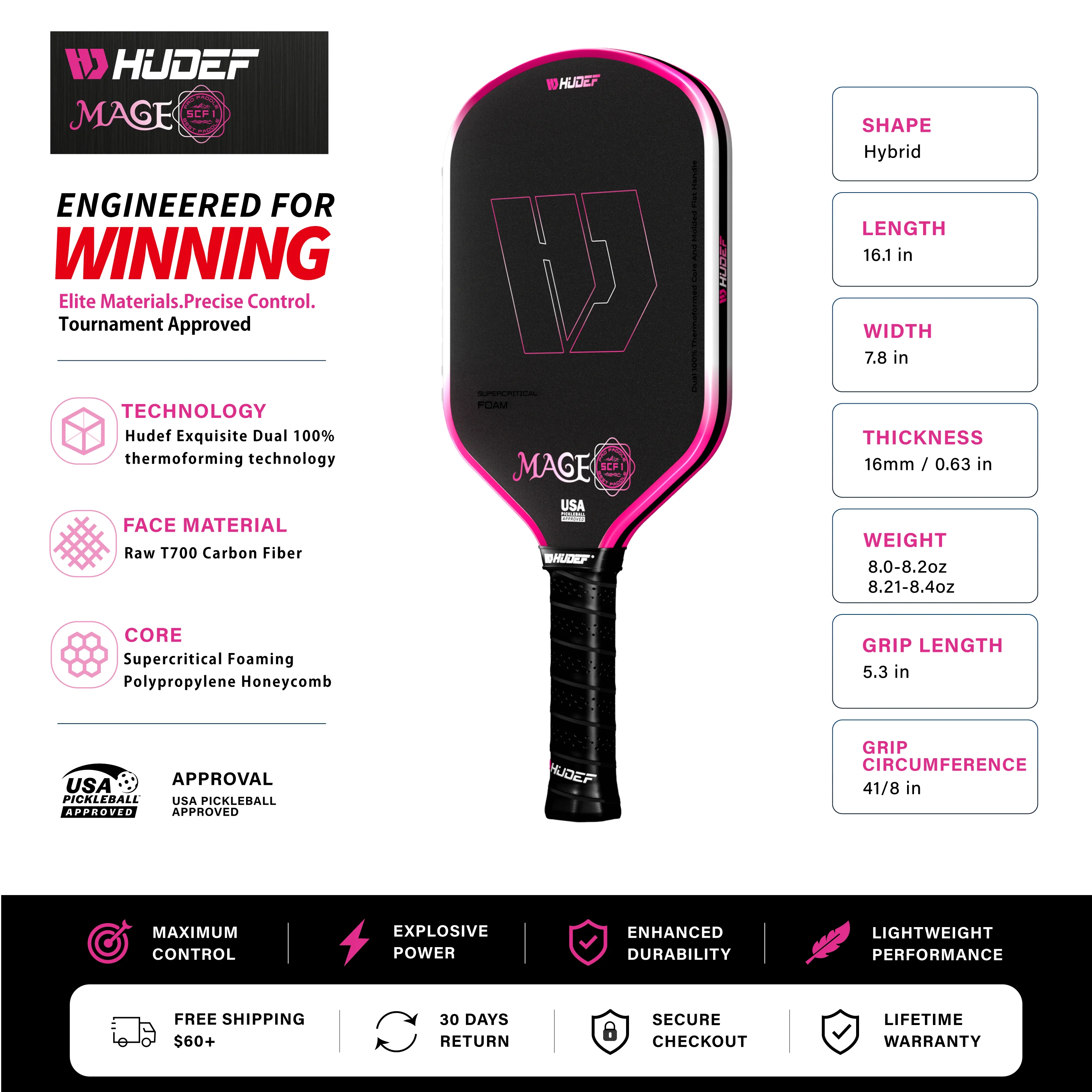 Raquete de pickleball Hudef Mage SCF1 Hybrid Pink 16mm, foto 2