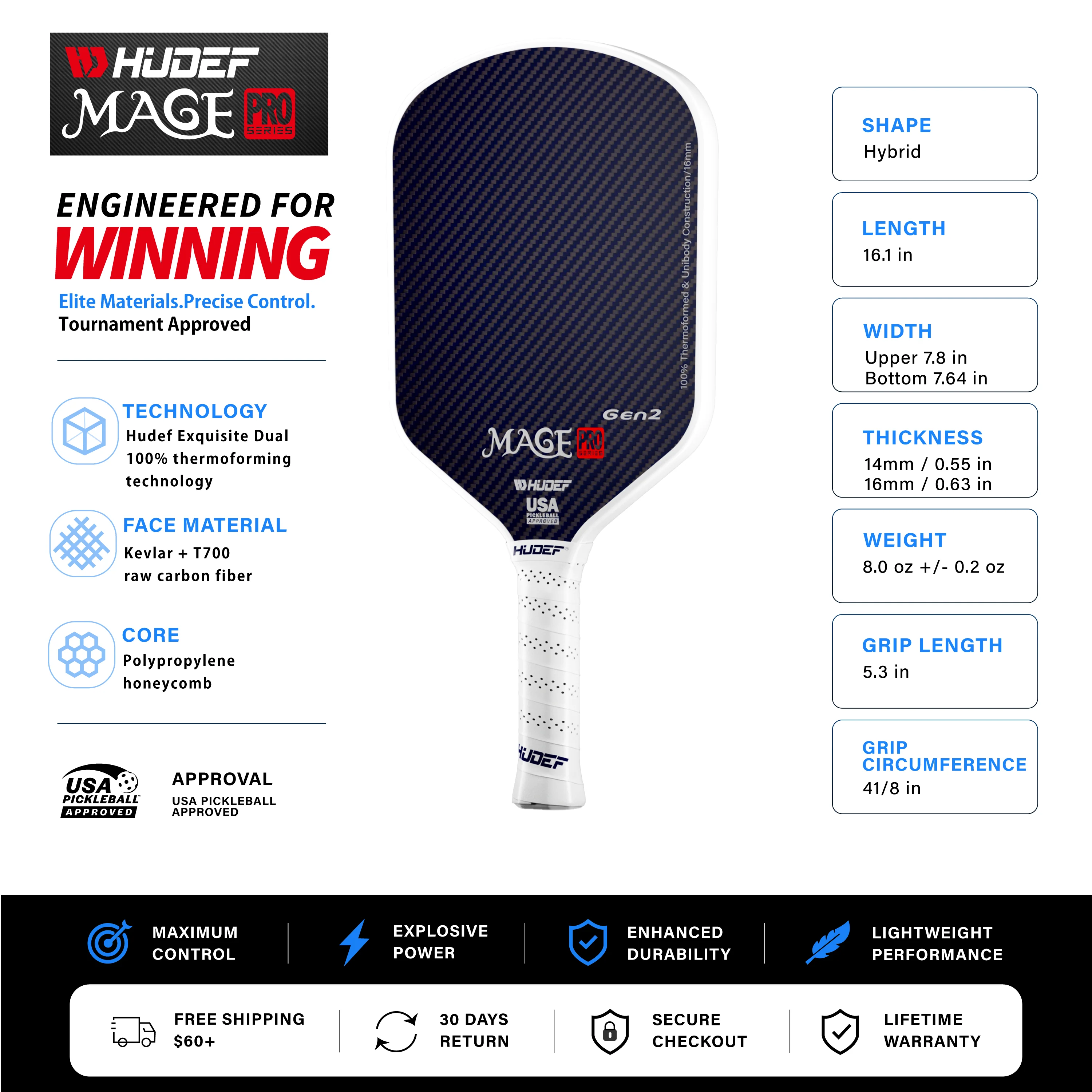 Raquete de pickleball Hudef Mage Pro Hybrid Gen 2, foto 2