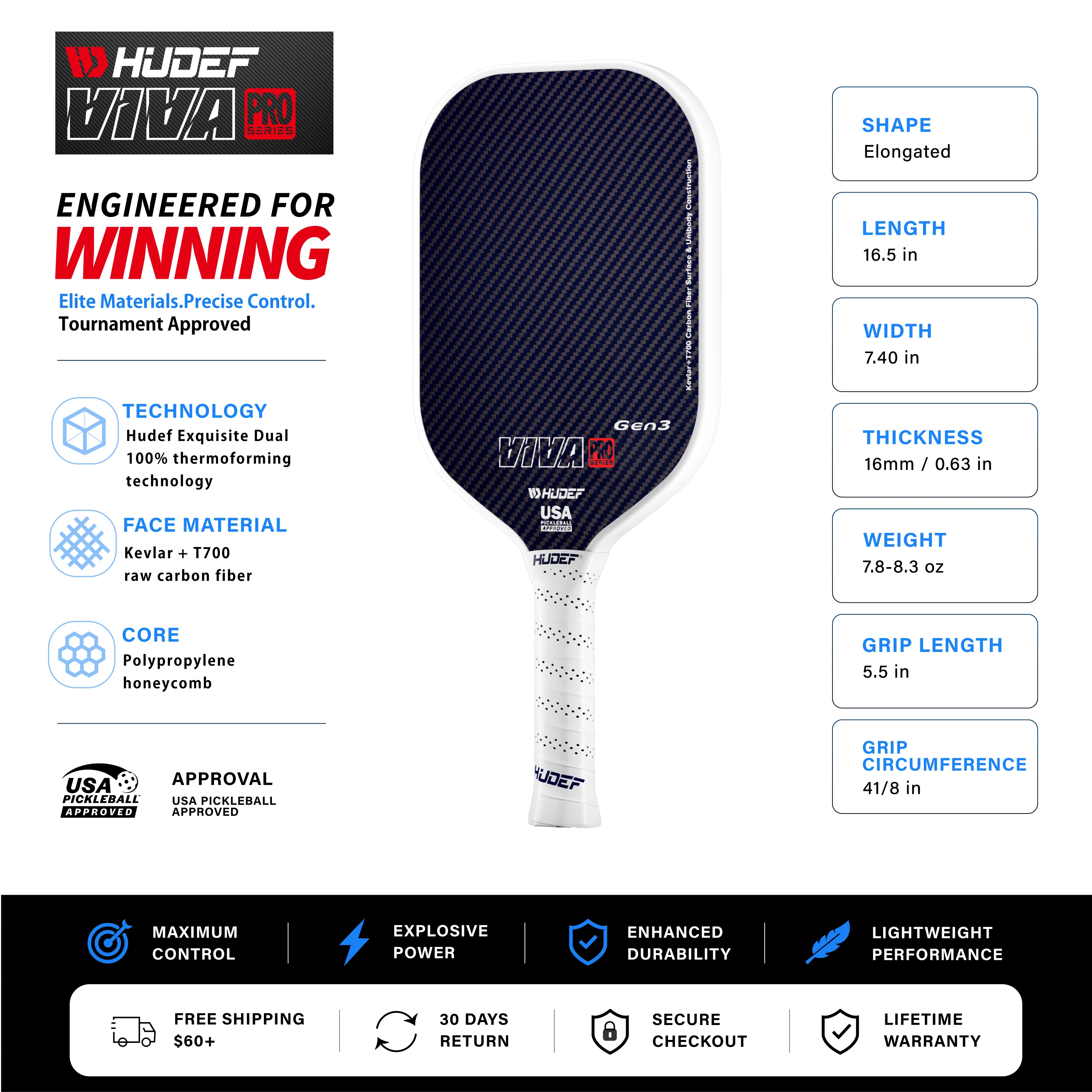 Raquete de pickleball Hudef Viva Pro Elongated Gen 3, foto 2