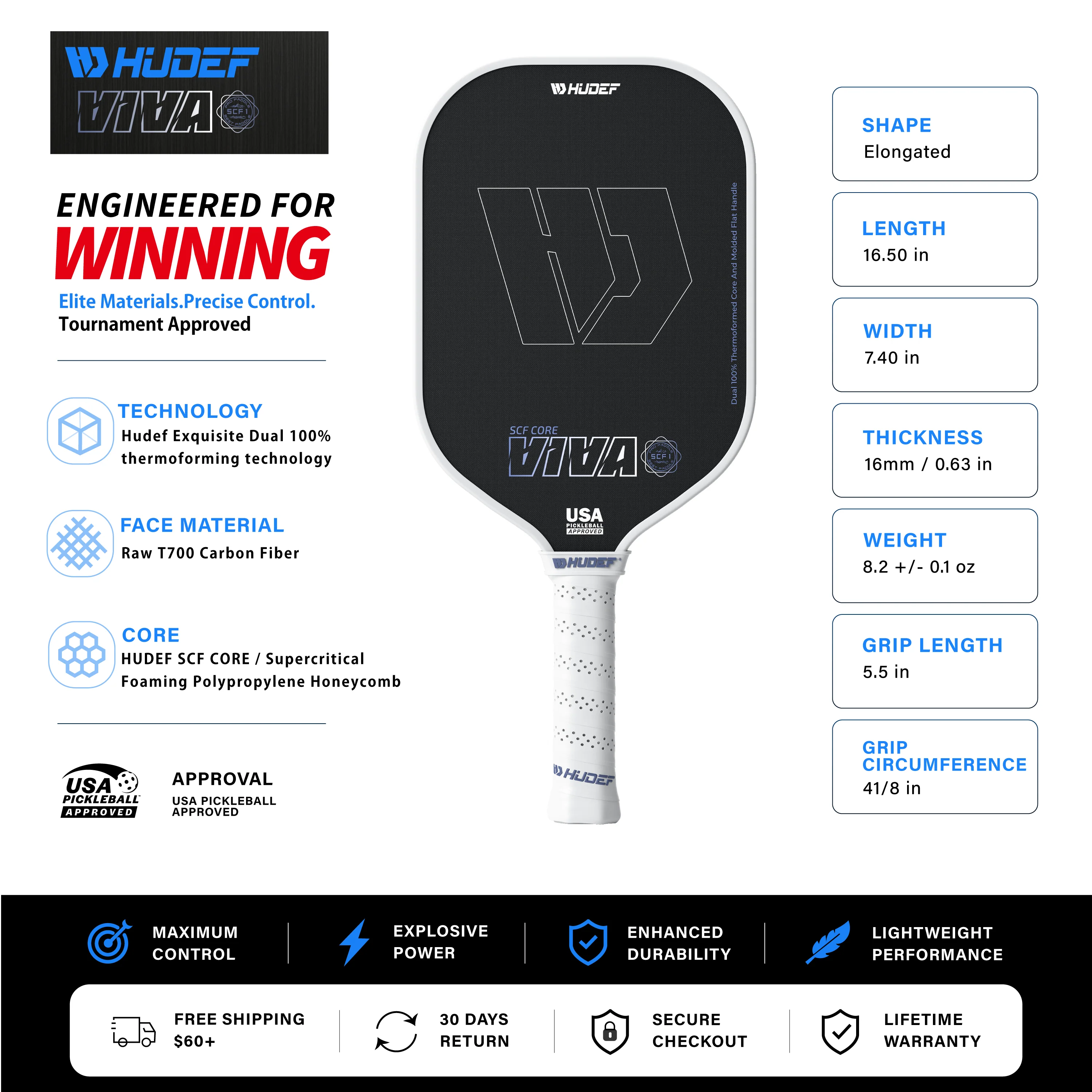 Raquete de pickleball Hudef Viva SCF1 Elongated White 16mm, foto 2