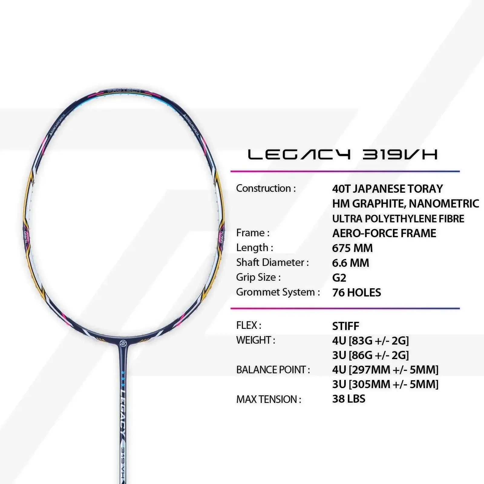Raquete de badminton Protech Legacy 319 VH, foto 2
