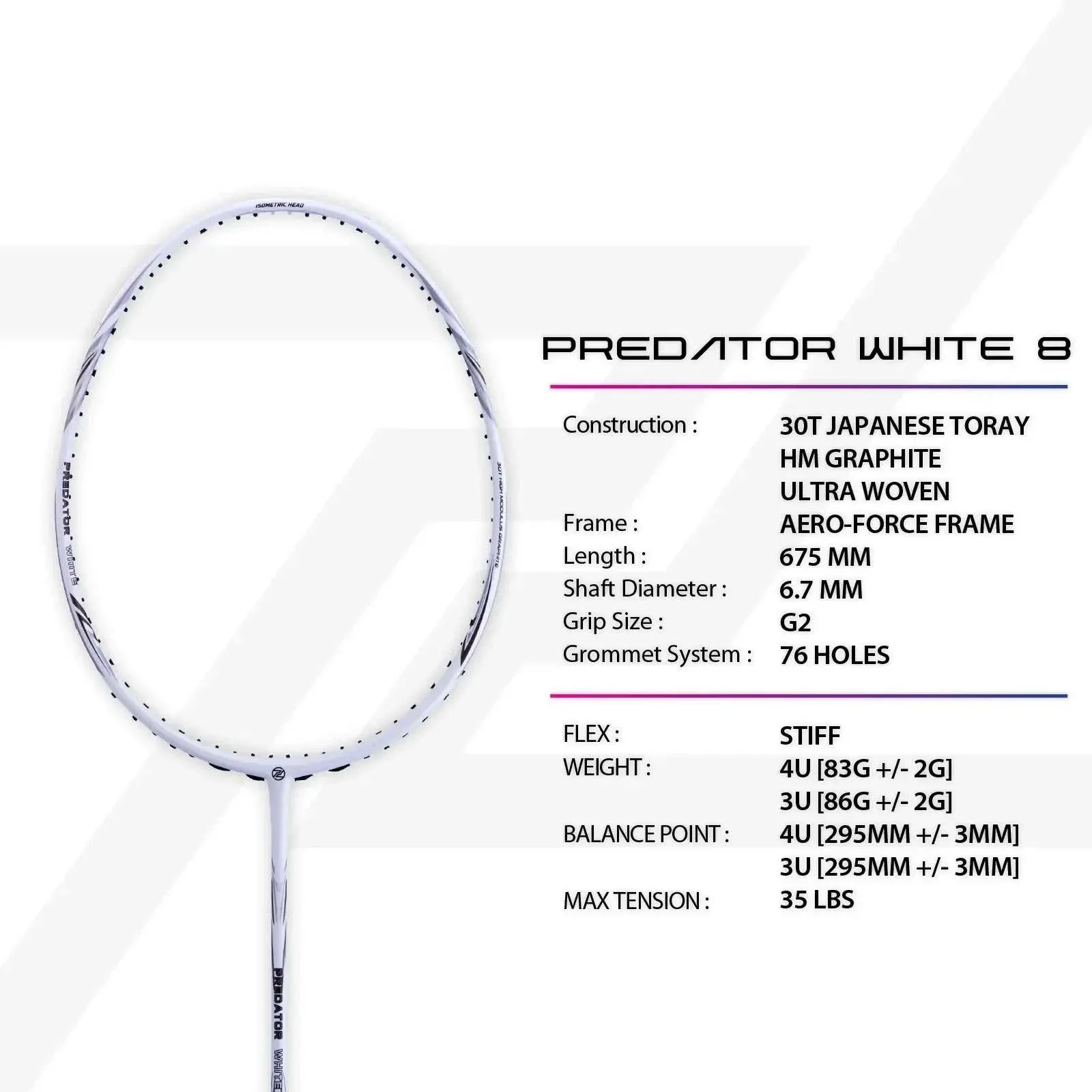 Raquete de badminton Protech Predator White 8