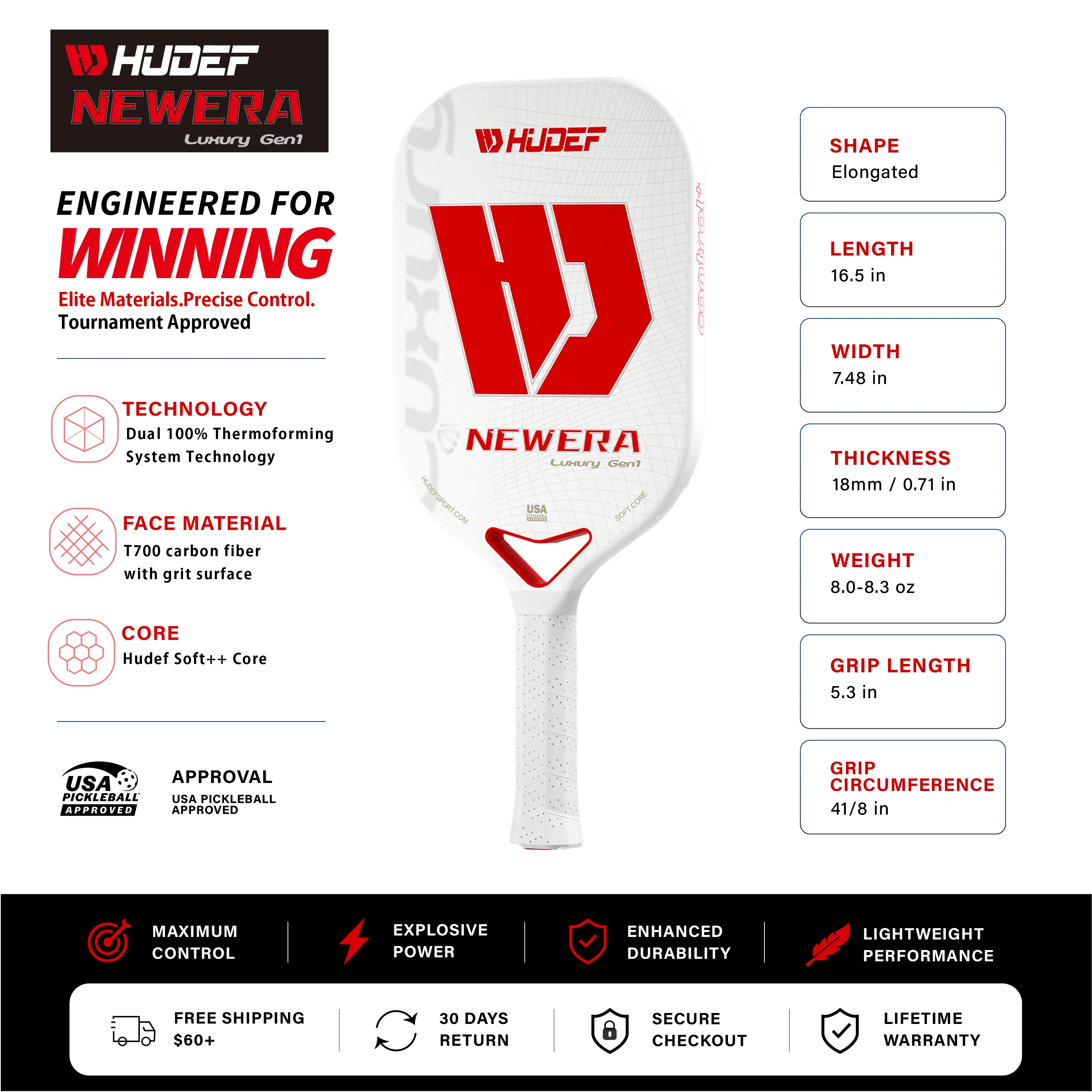 Raquete de pickleball Hudef Luxury Elongated Gen 1, foto 2