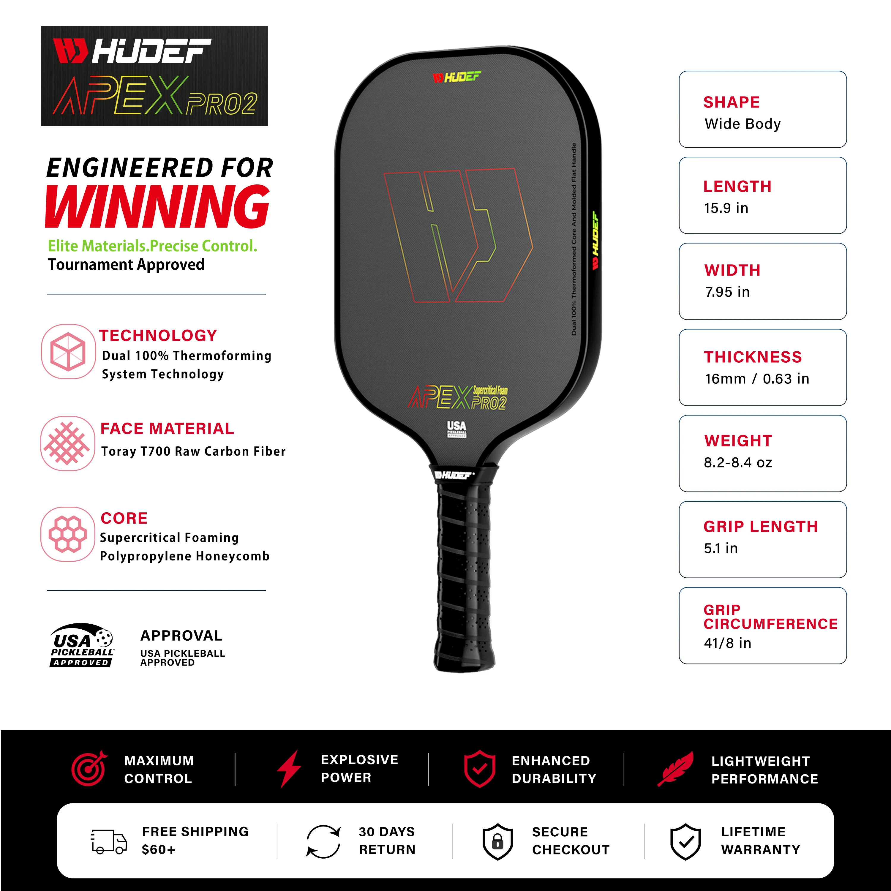 Raquete de pickleball Hudef Apex Pro2 Wide Body 16mm