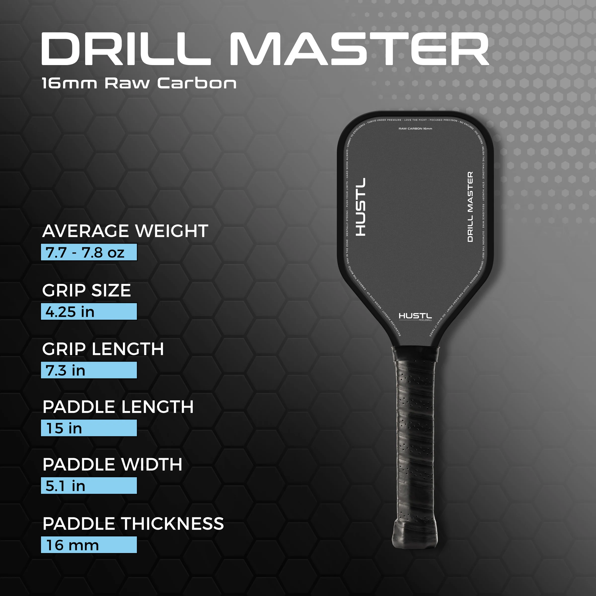 Raquete de pickleball HUSTL Drill Master 16mm Raw Carbon Training, foto 2