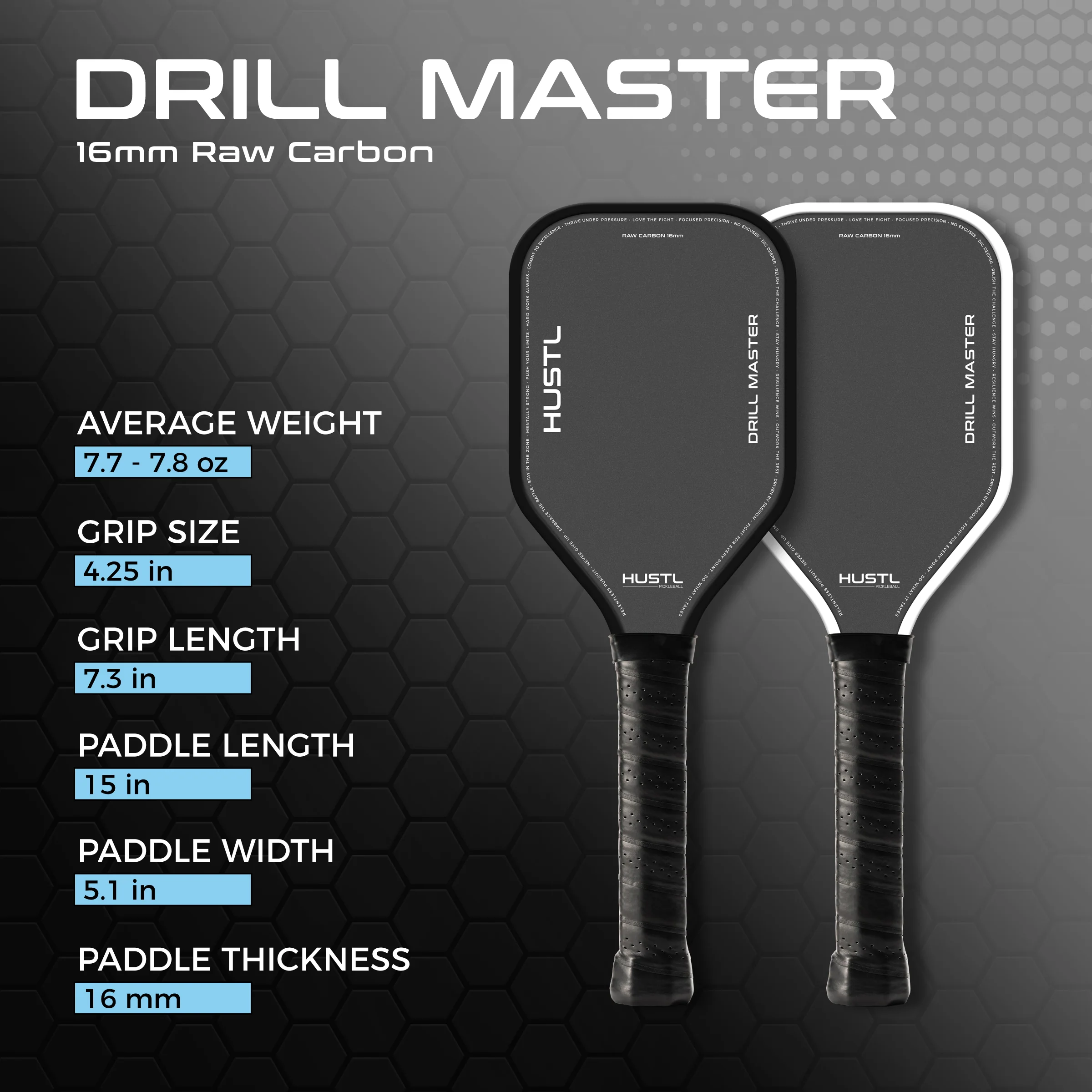 Raquete de pickleball HUSTL Drill Master 16mm Raw Carbon Training