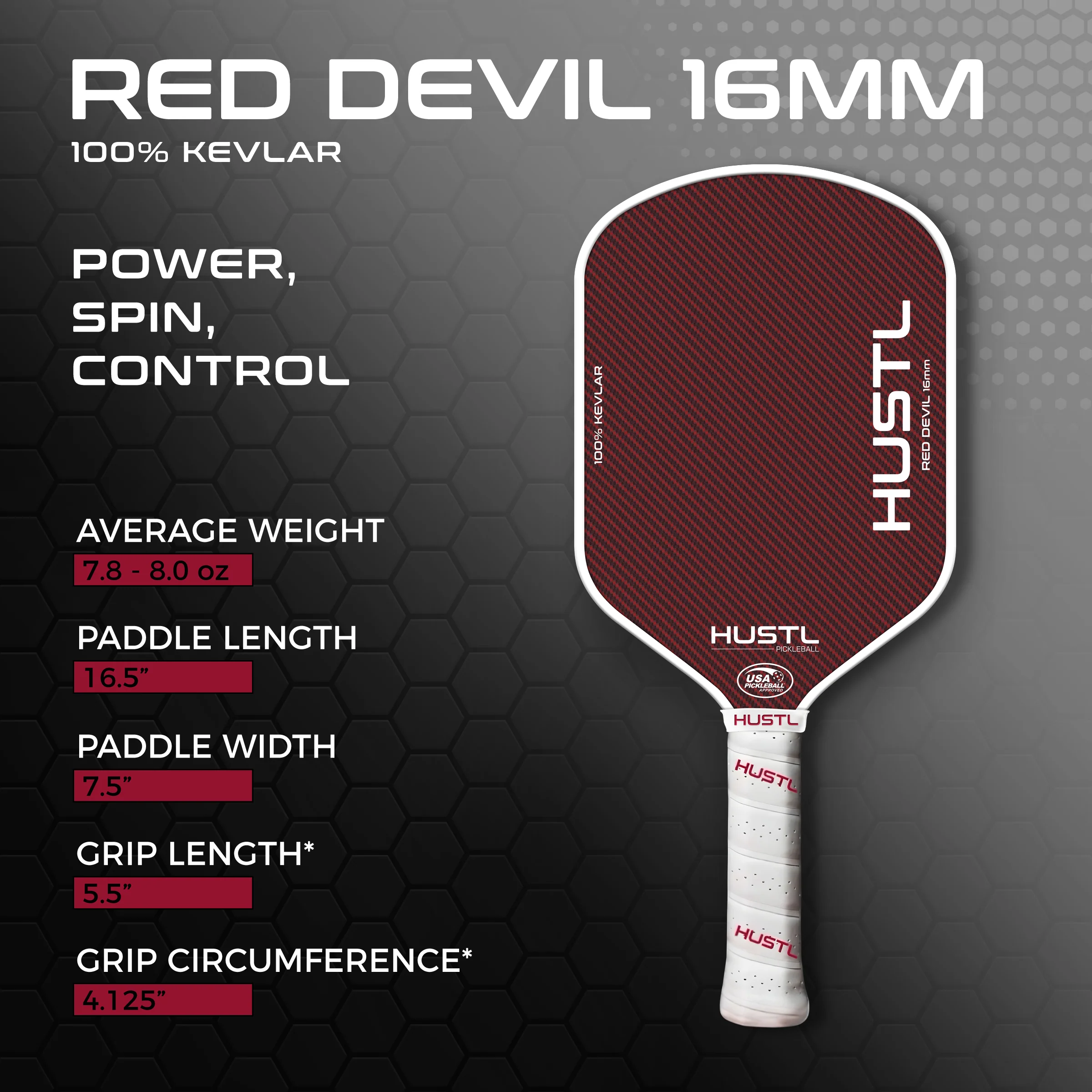 Raquete de pickleball HUSTL Red Devil 100% Kevlar 16mm