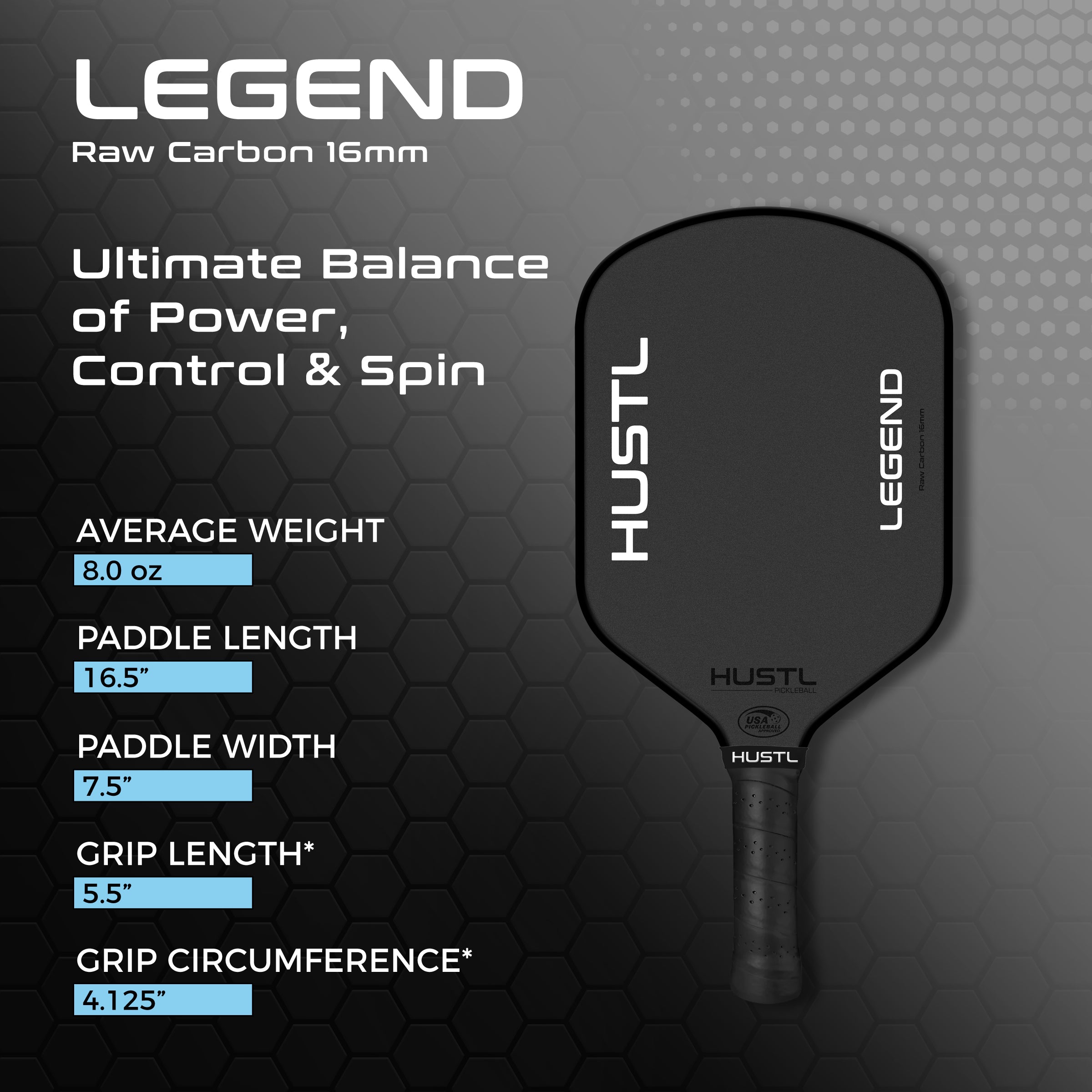 Raquete de pickleball HUSTL *Limited Edition* Legend Raw Carbon 16mm, foto 2