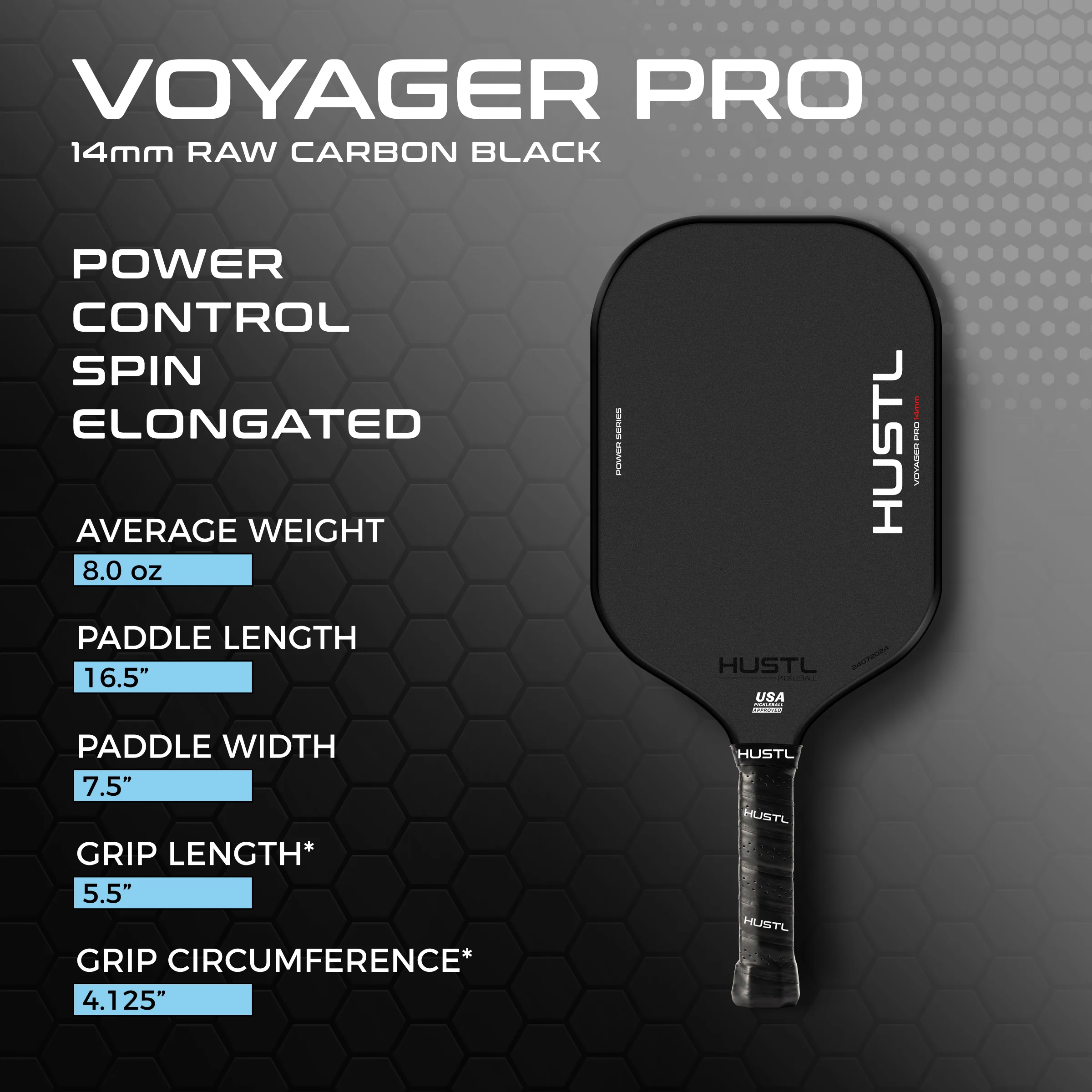 Raquete de pickleball HUSTL Voyager Pro 14mm Raw Carbon Elongated