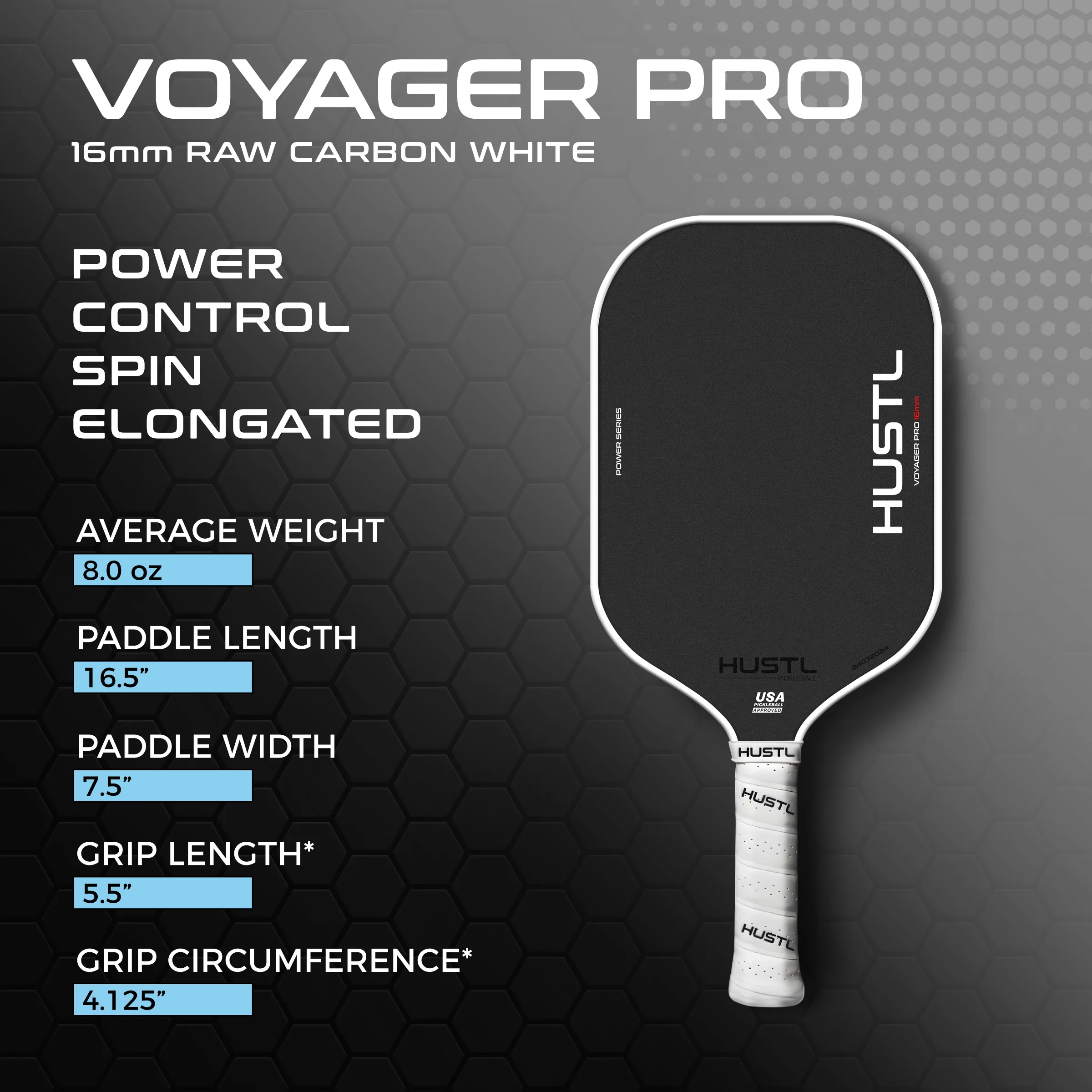 Raquete de pickleball HUSTL Voyager Pro 16mm Raw Carbon Elongated, foto 2