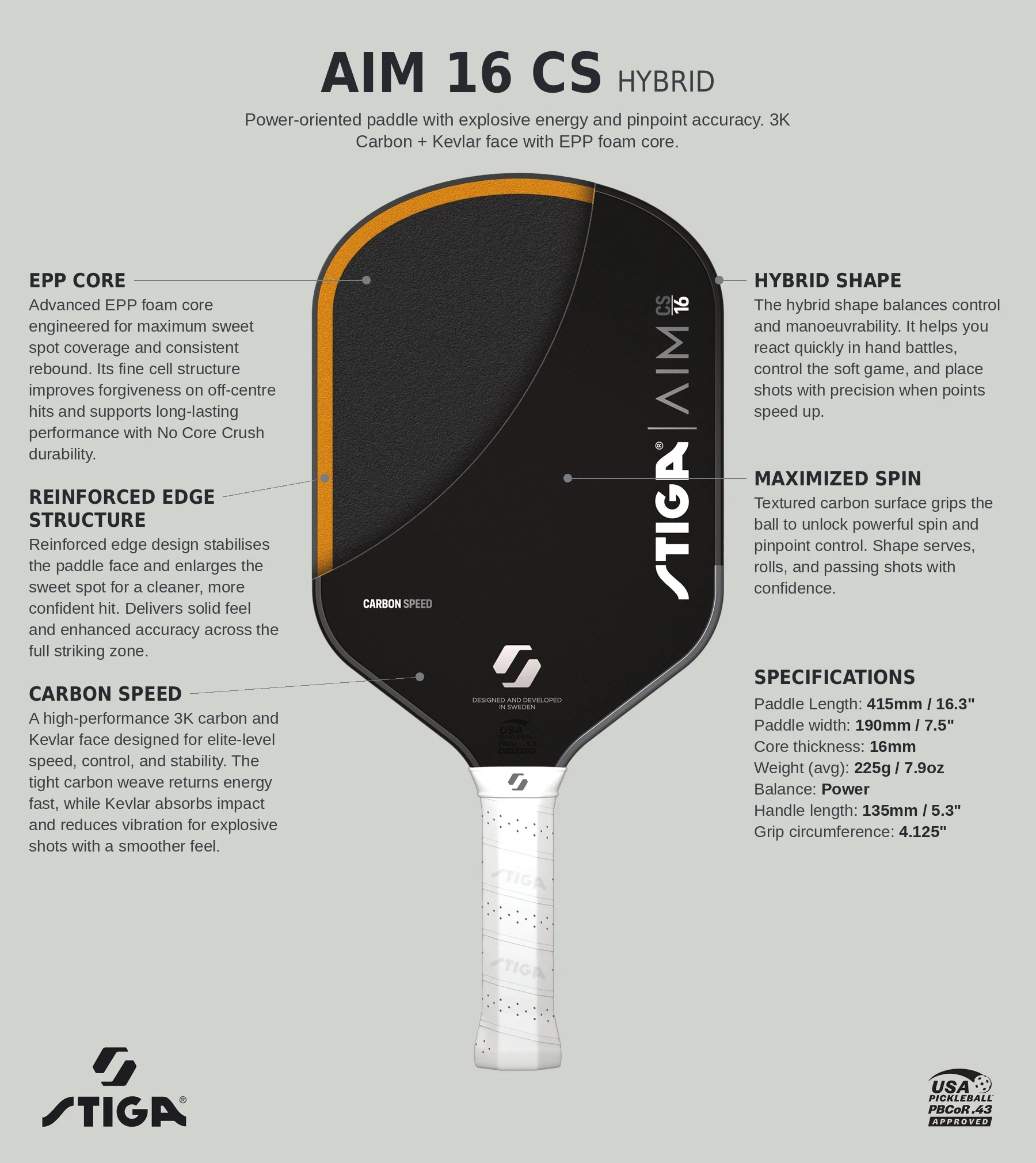 Raquete de pickleball Stiga AIM 16 Carbon Speed Hybrid, foto 2