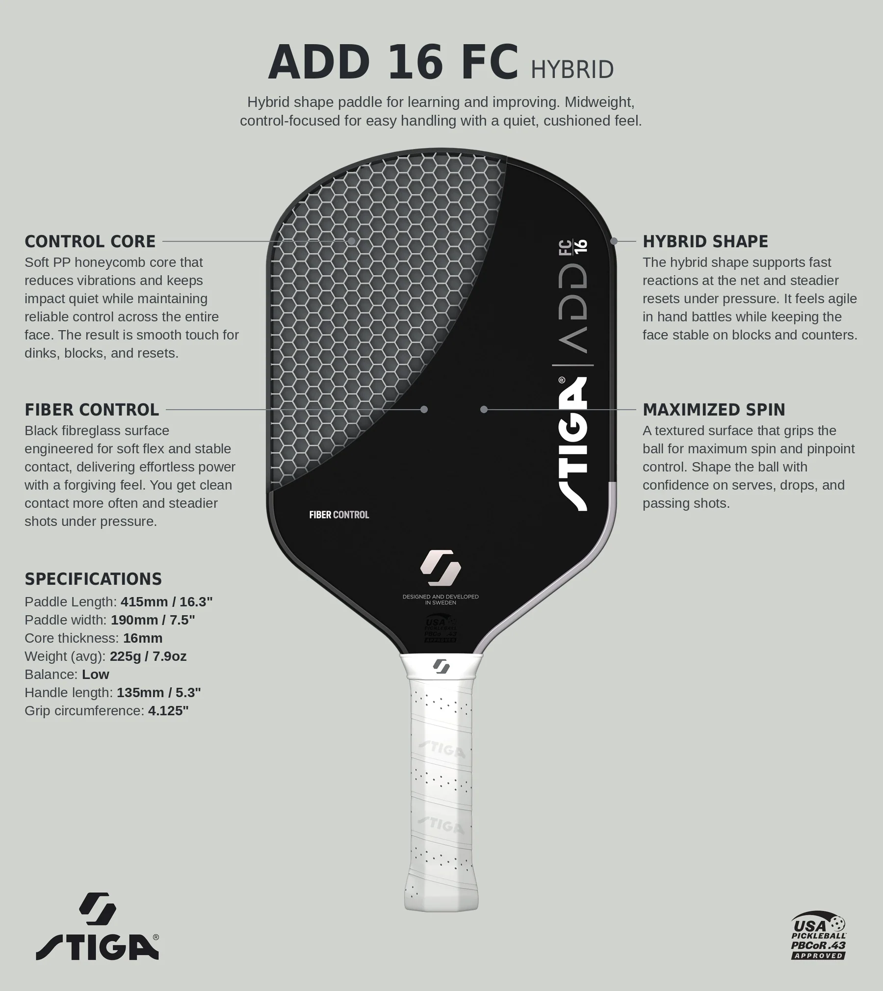 Raquete de pickleball Stiga ADD 16 Fiber Control, foto 2