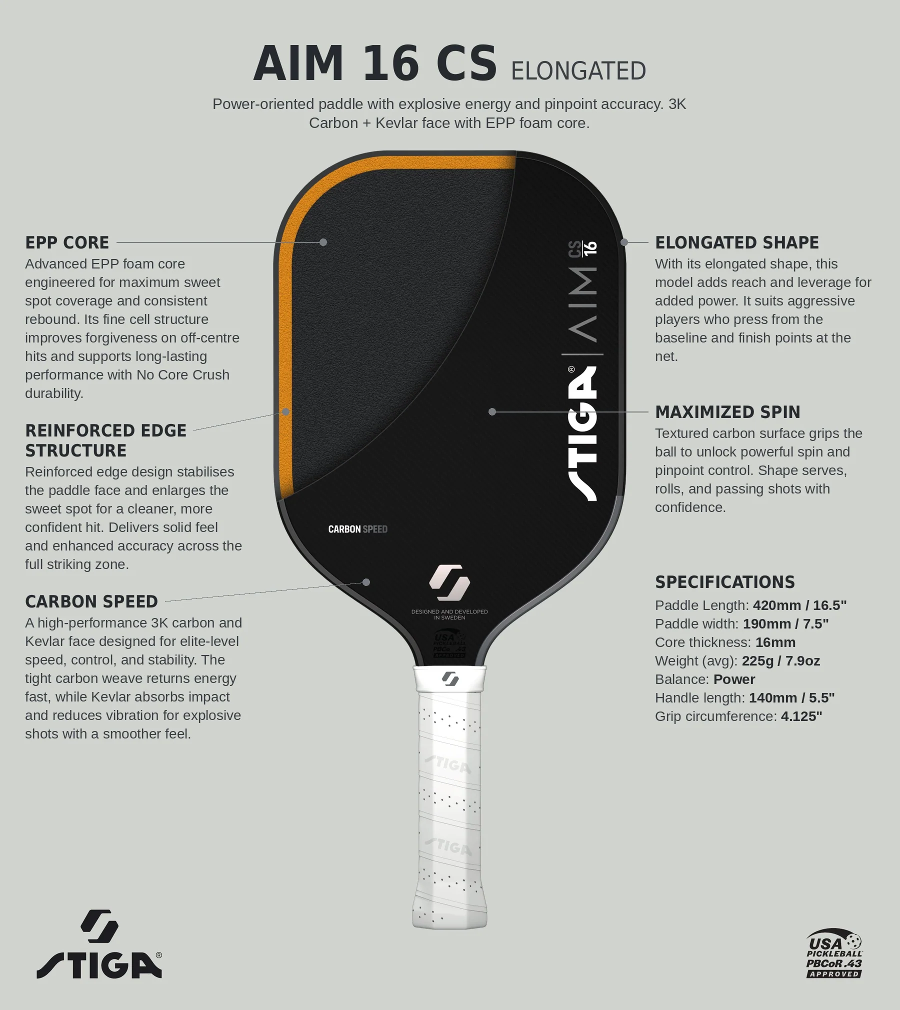 Raquete de pickleball Stiga AIM 16 Carbon Speed Elongated, foto 2