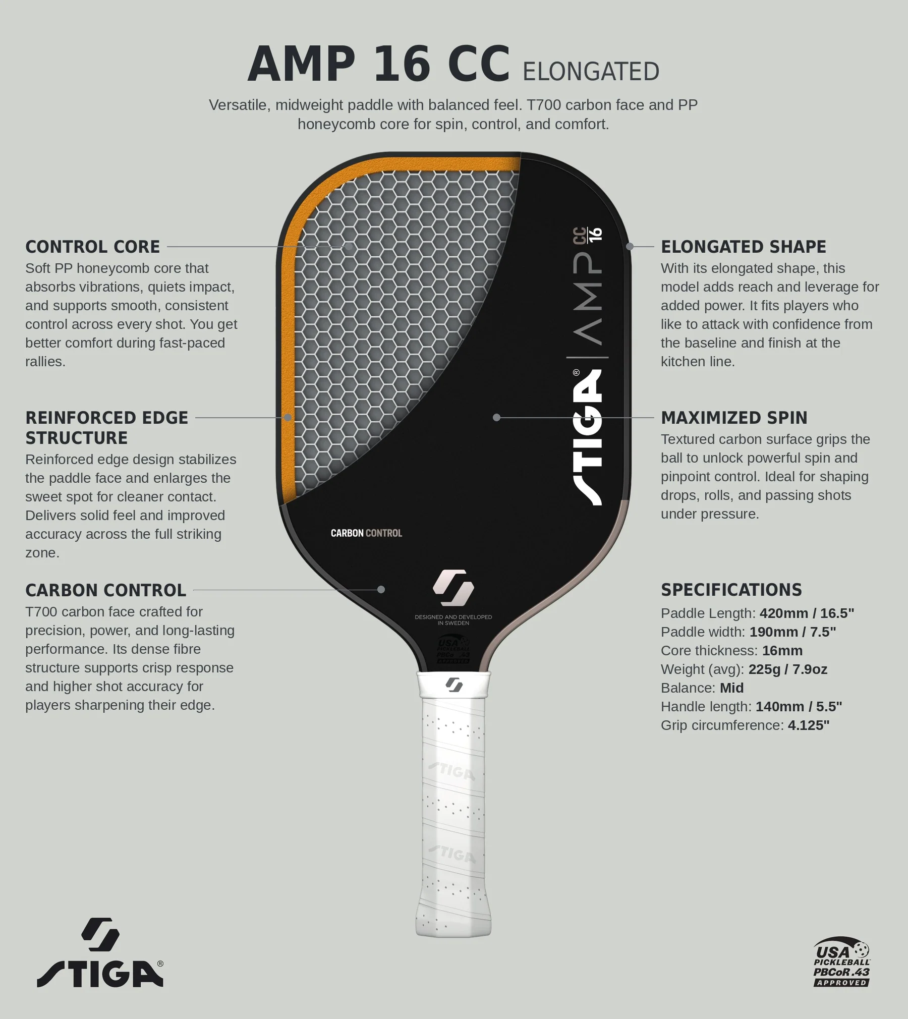Raquete de pickleball Stiga AMP 16 Carbon Control Elongated, foto 2