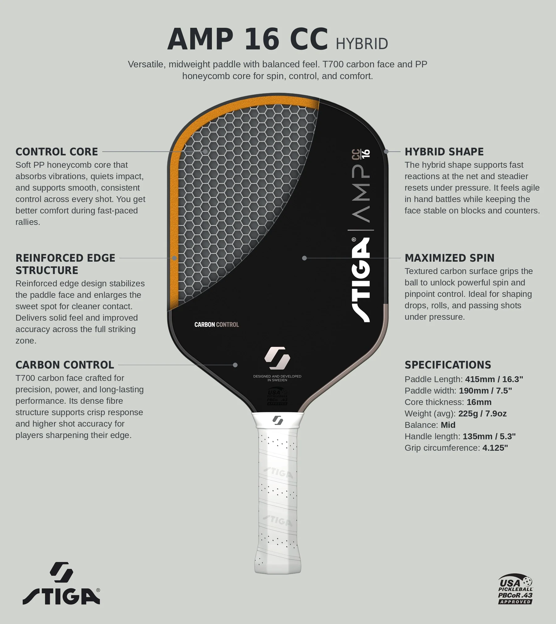 Raquete de pickleball Stiga AMP 16 Carbon Control Hybrid, foto 2